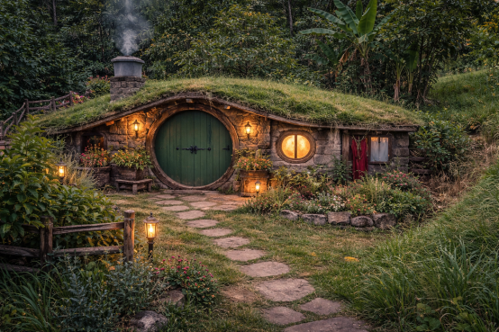Casa de hobbit ao entardecer