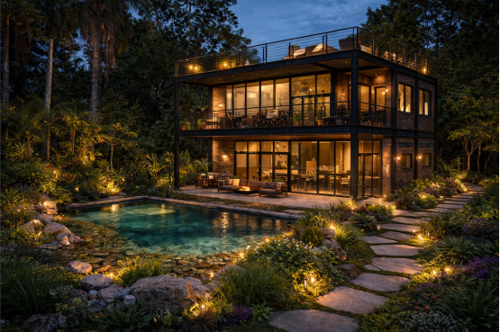 Casa industrial ao entardecer com piscina natural