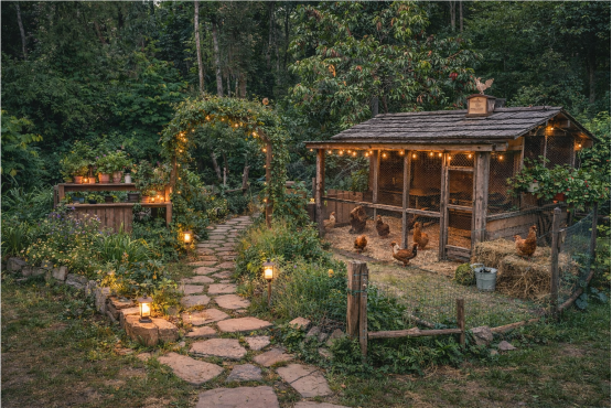 Galinheiro rústico em um bosque verde
