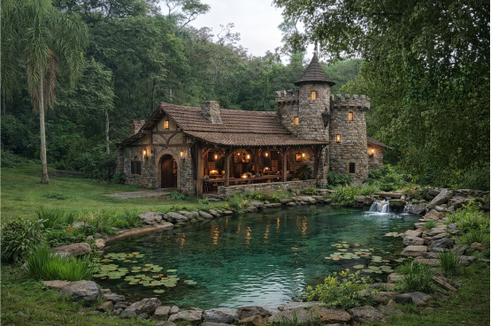 Salão medieval em um oásis natural